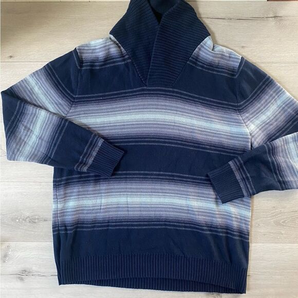 SUN + STONE
Men's Deacon Horizontal Striped Shawl Sweater XXL Basic Navy Nwot - Picture 4 of 7